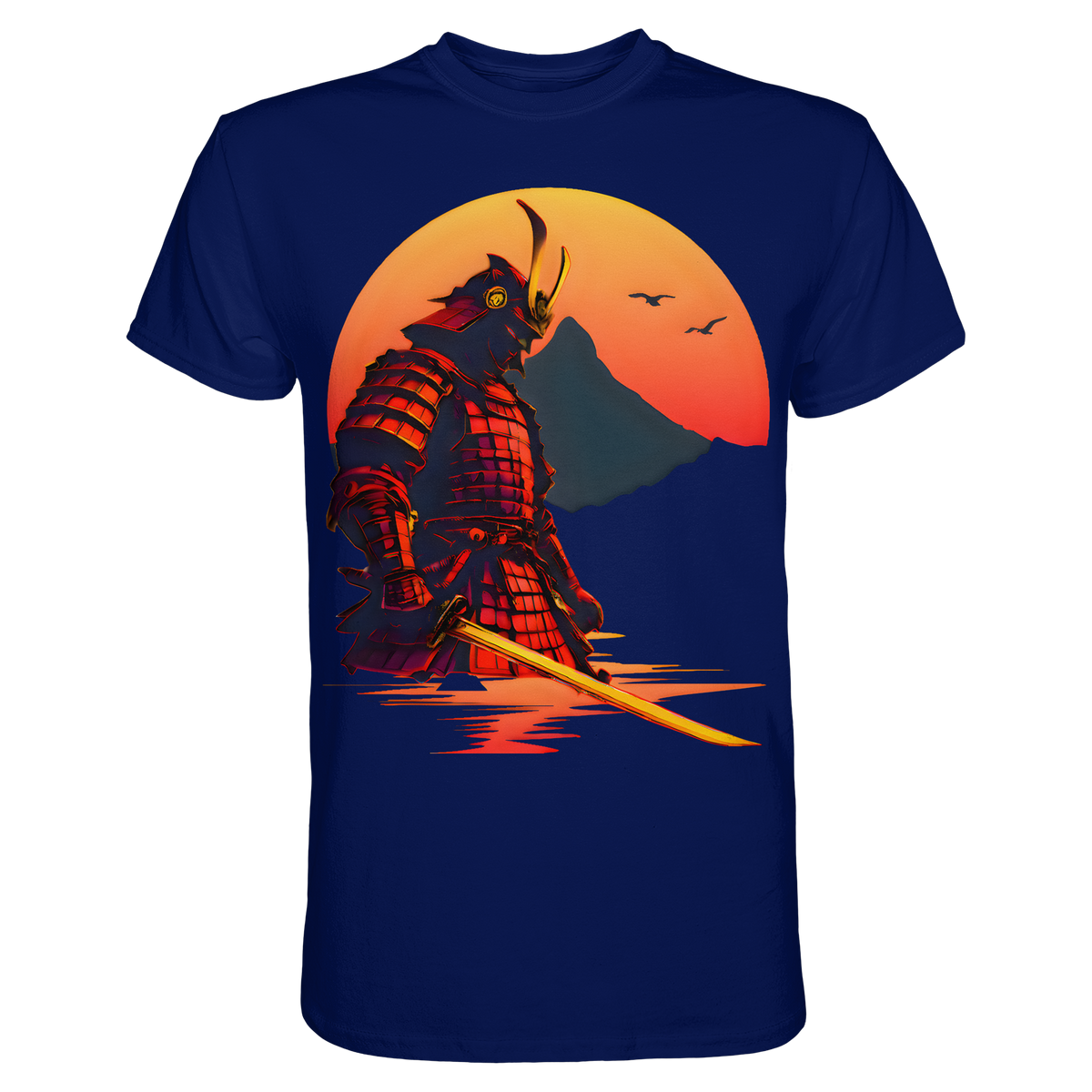 Anime T-Shirt Krieger Senshi in Urban Navy, Vorderansicht mit Samurai vor untergehender Sonne