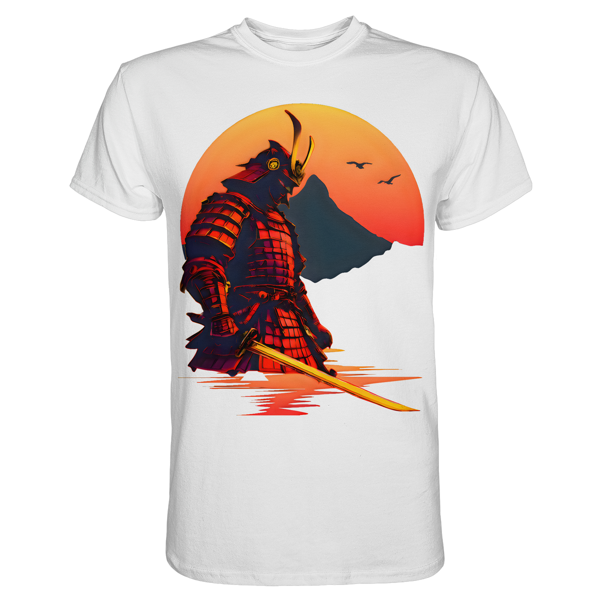 Anime T-Shirt Krieger Senshi in Weiß, Vorderansicht mit Samurai vor untergehender Sonne