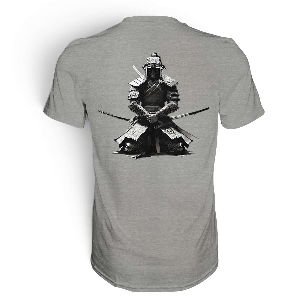 Anime T-Shirt Krieger Warrior in Grau meliert, Rückenansicht mit Samurai-Krieger in Schwarz-Weiß