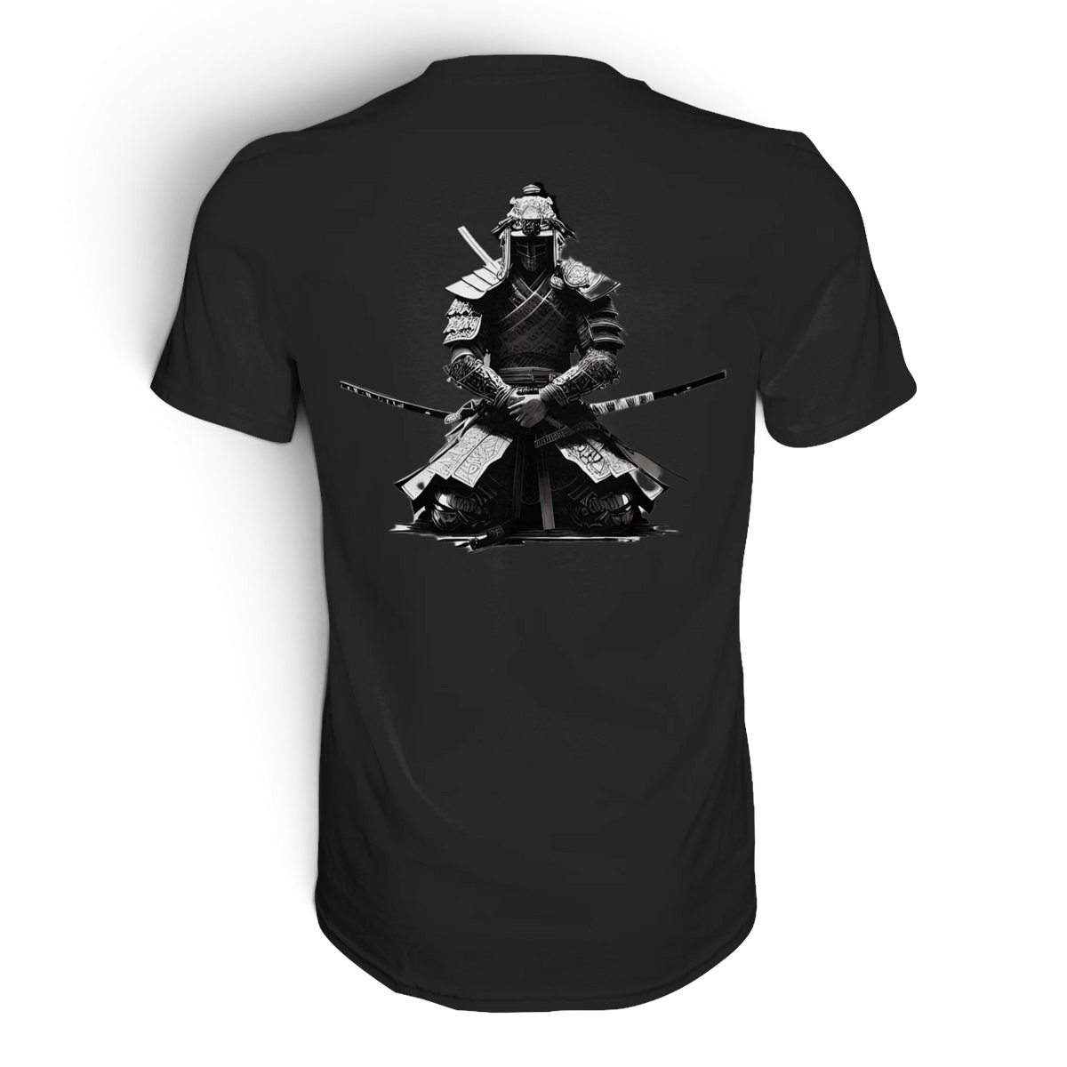 Anime T-Shirt Krieger Warrior in Schwarz, Rückenansicht mit Samurai-Krieger in Schwarz-Weiß