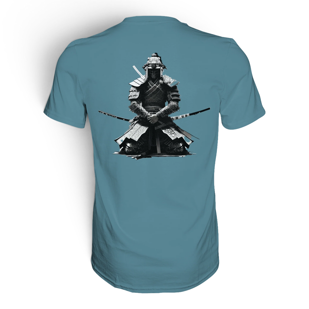 Anime T-Shirt Krieger Warrior in Steinblau, Rückenansicht mit Samurai-Krieger in Schwarz-Weiß