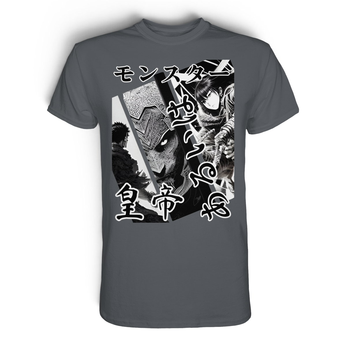 Anime T-Shirt Manga Collage Tenno in Dunkelgrau, Vorderansicht mit Manga-Collage in Schwarz-Weiß