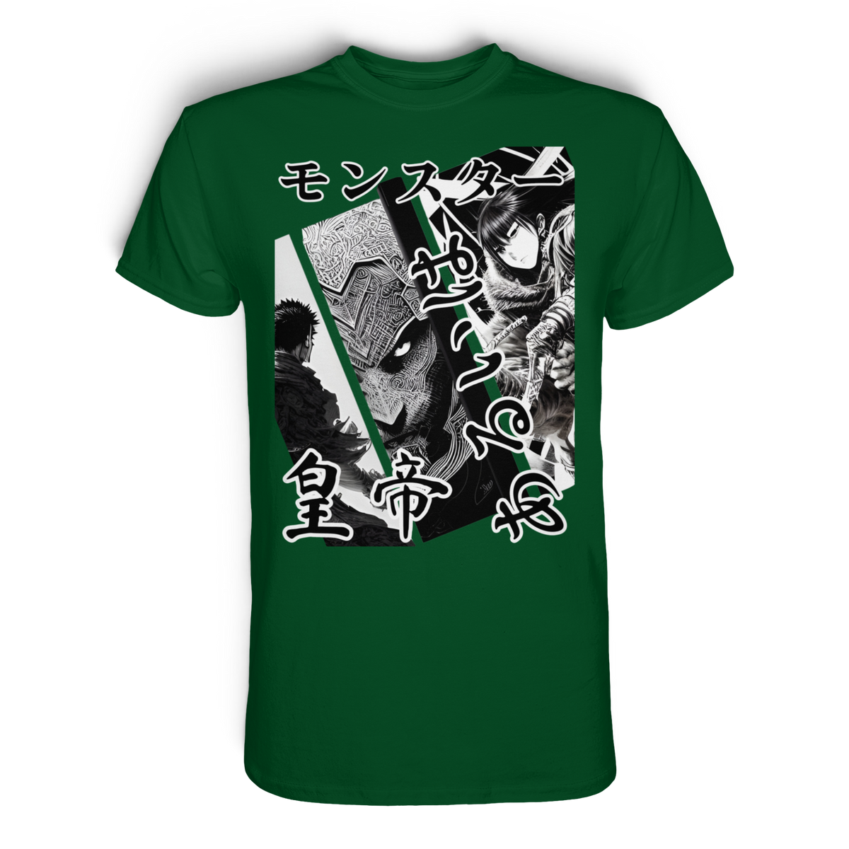 Anime T-Shirt Manga Collage Tenno in Flaschengrün, Vorderansicht mit Manga-Collage in Schwarz-Weiß