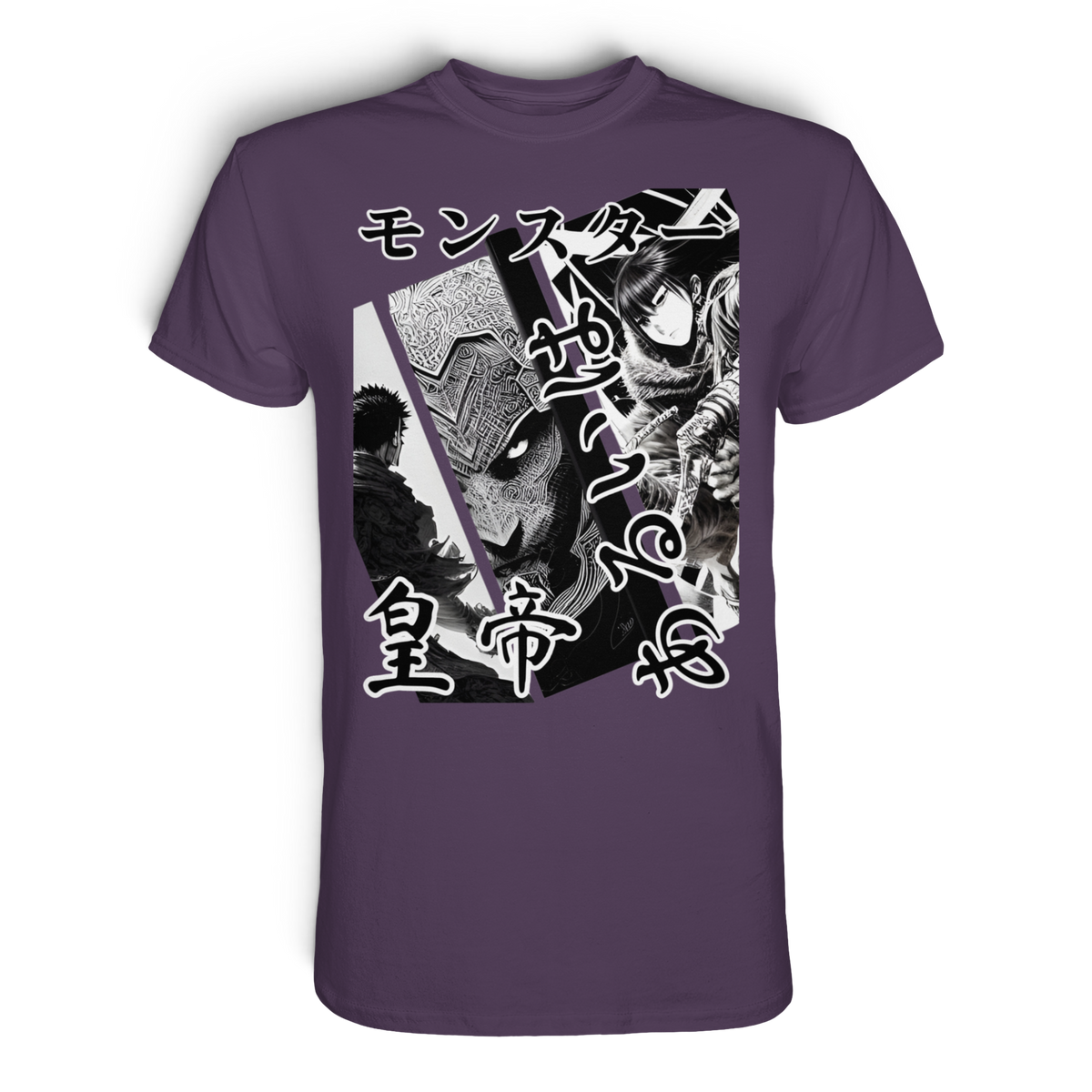 Anime T-Shirt Manga Collage Tenno in Lila, Vorderansicht mit Manga-Collage in Schwarz-Weiß