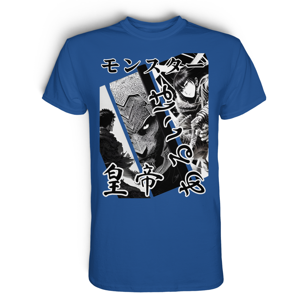 Anime T-Shirt Manga Collage Tenno in Royalblau, Vorderansicht mit Manga-Collage in Schwarz-Weiß