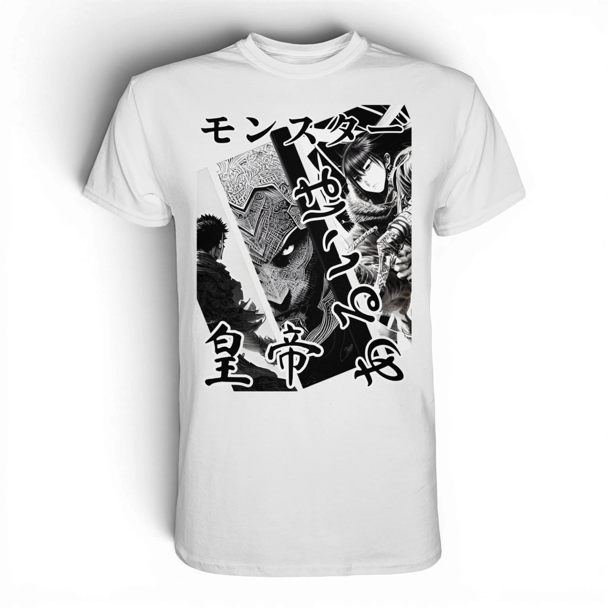 Anime T-Shirt Manga Collage Tenno in Weiß, Vorderansicht mit Manga-Collage in Schwarz-Weiß