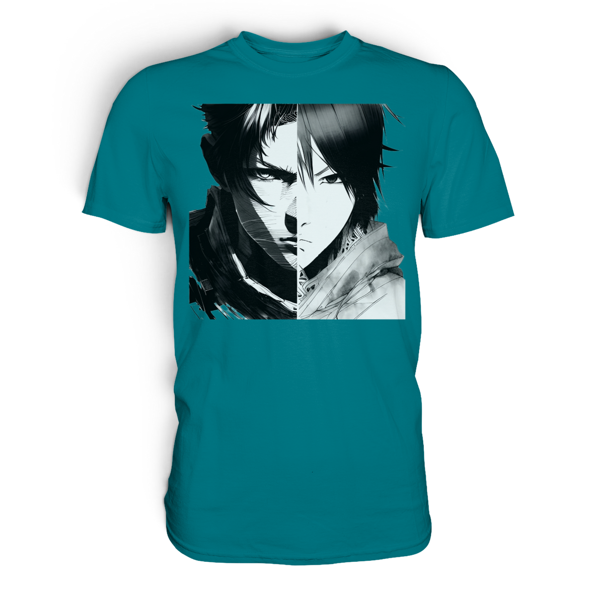 Anime T-Shirt Manga Portrait Taro in Petrol, Vorderansicht mit Manga-Portrait in Schwarz-Weiß