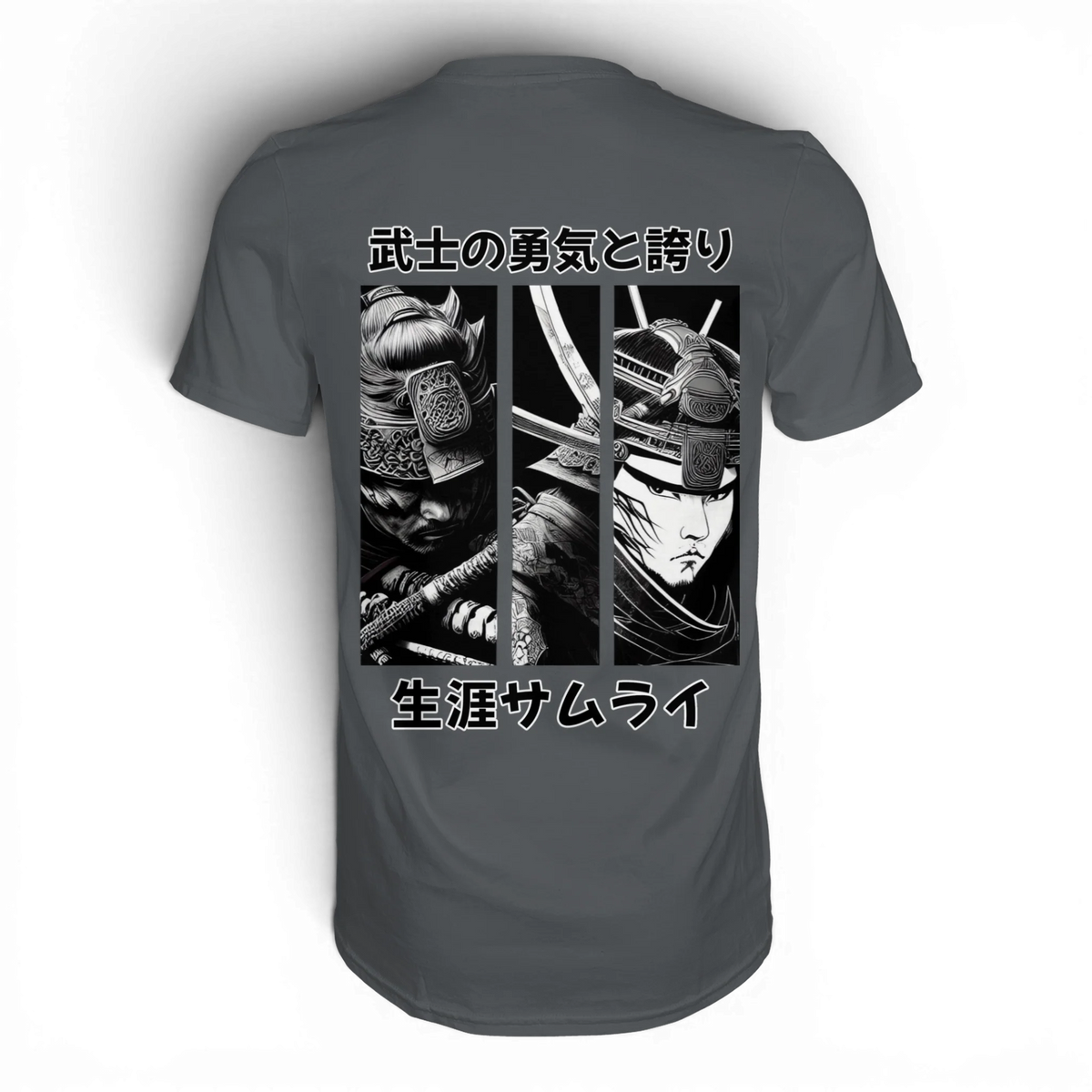 Anime T-Shirt Ronin Samurai in Dunkelgrau, Rückenansicht mit drei Manga-Panels in Schwarz-Weiß