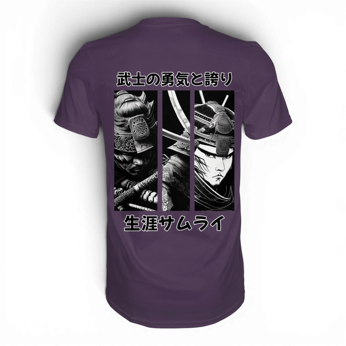 Anime T-Shirt Ronin Samurai in Lila, Rückenansicht mit drei Manga-Panels in Schwarz-Weiß