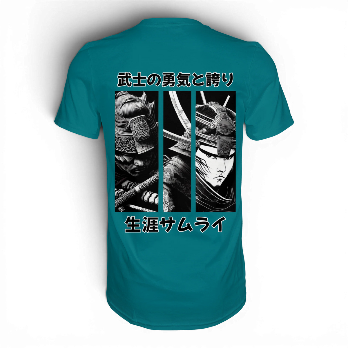 Anime T-Shirt Ronin Samurai in Petrol, Rückenansicht mit drei Manga-Panels in Schwarz-Weiß