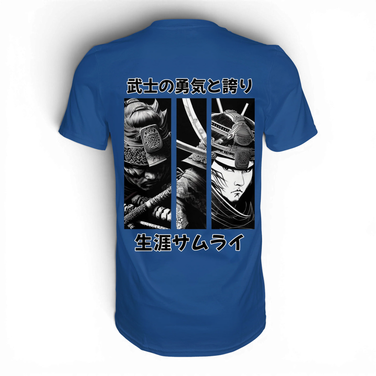 Anime T-Shirt Ronin Samurai in Royalblau, Rückenansicht mit drei Manga-Panels in Schwarz-Weiß