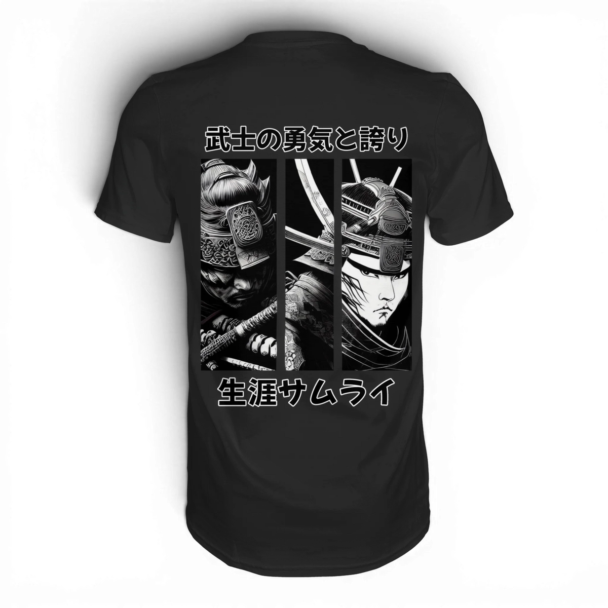 Anime T-Shirt Ronin Samurai in Schwarz, Rückenansicht mit drei Manga-Panels in Schwarz-Weiß
