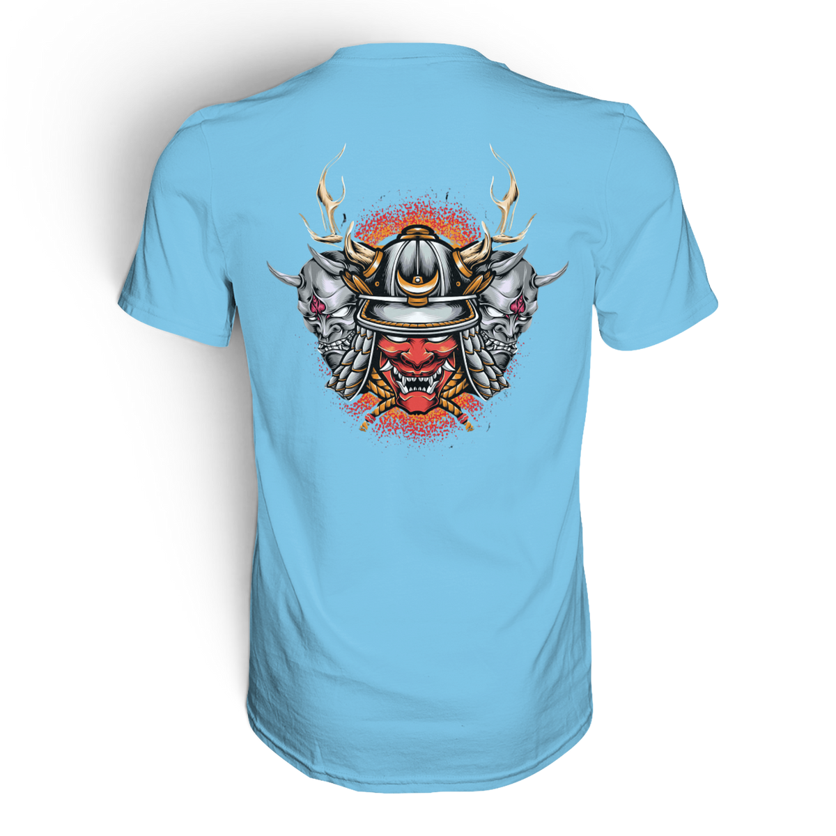 Anime T-Shirt Samurai Maske Masuka in Hellblau, Rückenansicht mit Samurai-Maske