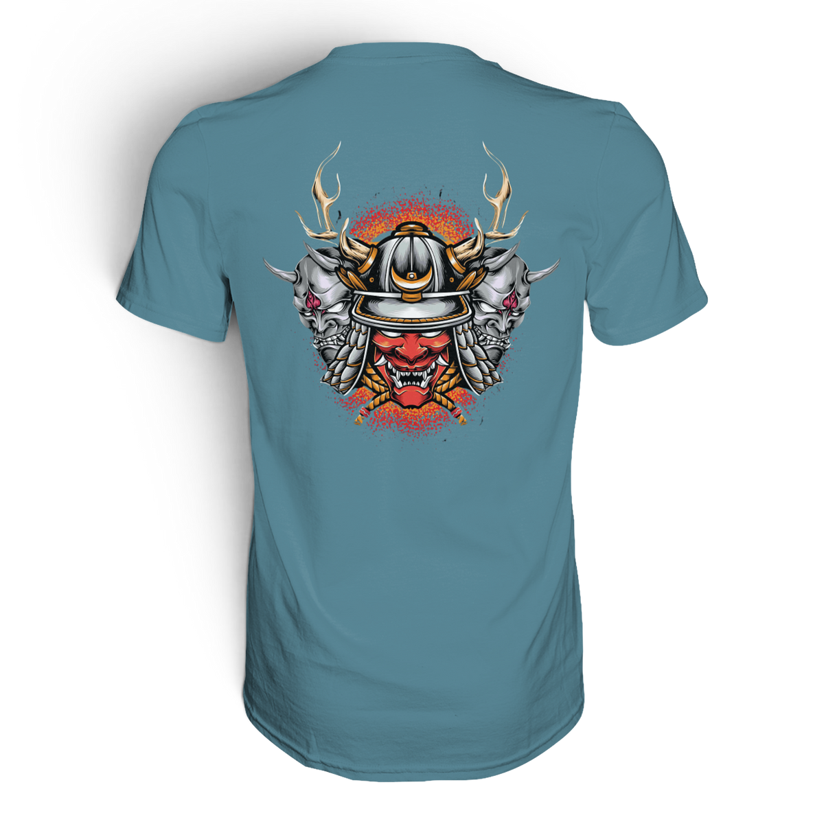 Anime T-Shirt Samurai Maske Masuka in Steinblau, Rückenansicht mit Samurai-Maske