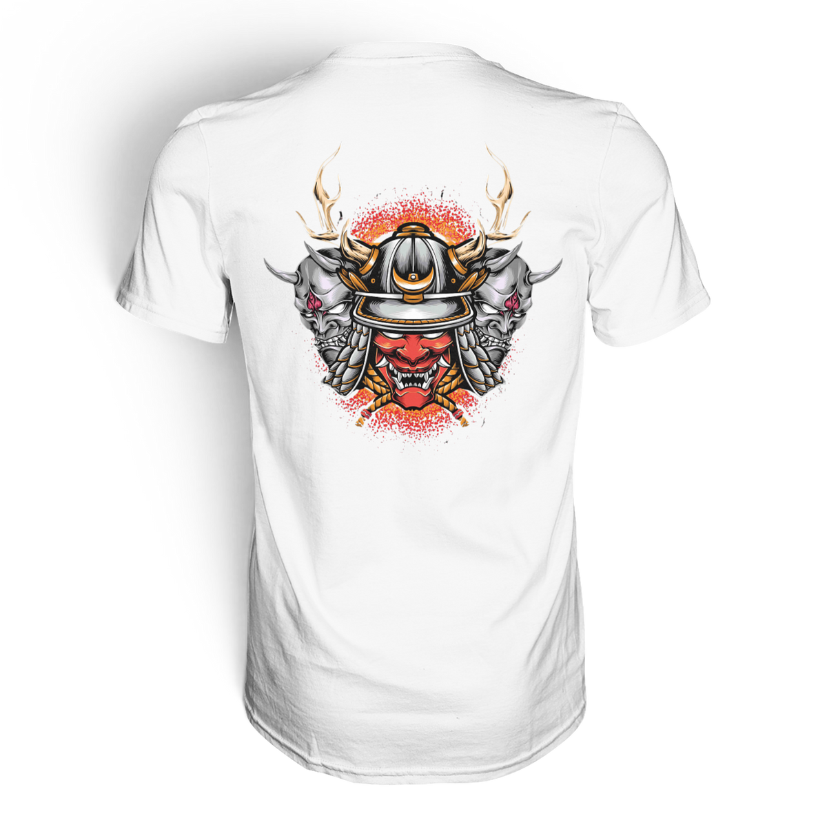 Anime T-Shirt Samurai Maske Masuka in Weiß, Rückenansicht mit Samurai-Maske