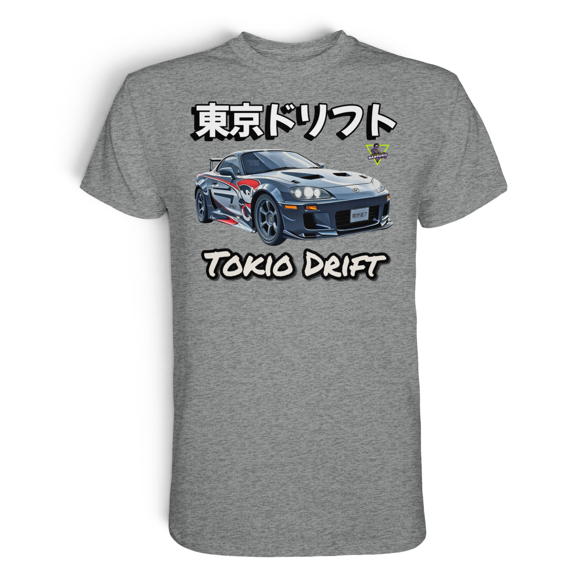 Anime T-Shirt Tokyo Street Racing in Grau meliert, Vorderansicht mit Street-Racing-Motiv