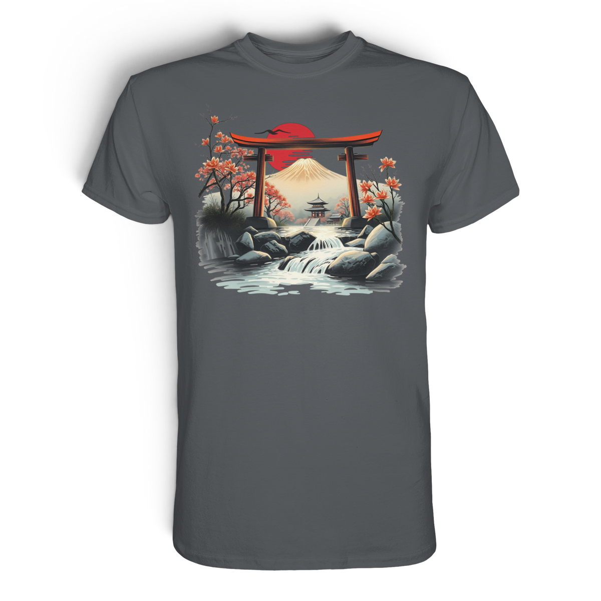 Anime T-Shirt Torii Tor in Dunkelgrau, Vorderansicht mit japanischem Torii-Schreintor