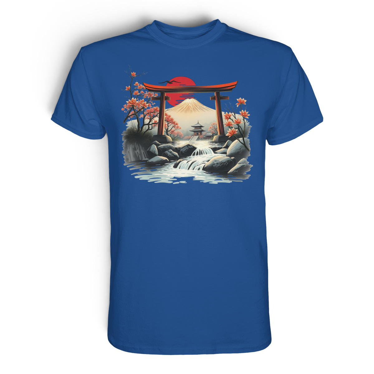 Anime T-Shirt Torii Tor in Royalblau, Vorderansicht mit japanischem Torii-Schreintor