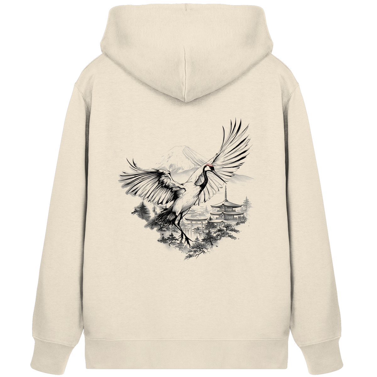 Anime Zip-Hoodie Kranich Tancho in Natural Raw, Rückenansicht mit Kranich im Tusche-Stil