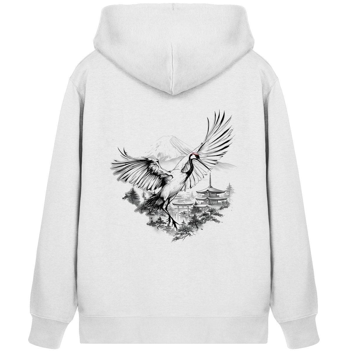 Anime Zip-Hoodie Kranich Tancho in Weiß, Rückenansicht mit Kranich im Tusche-Stil