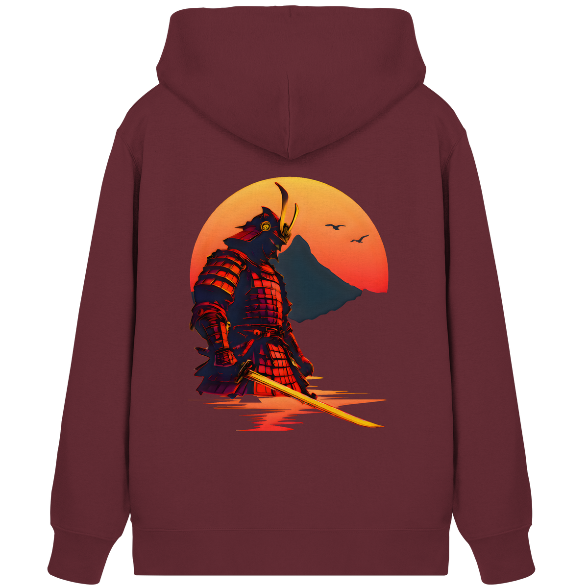 Anime Zip-Hoodie Krieger Senshi in Burgund, Rückenansicht mit Samurai vor untergehender Sonne