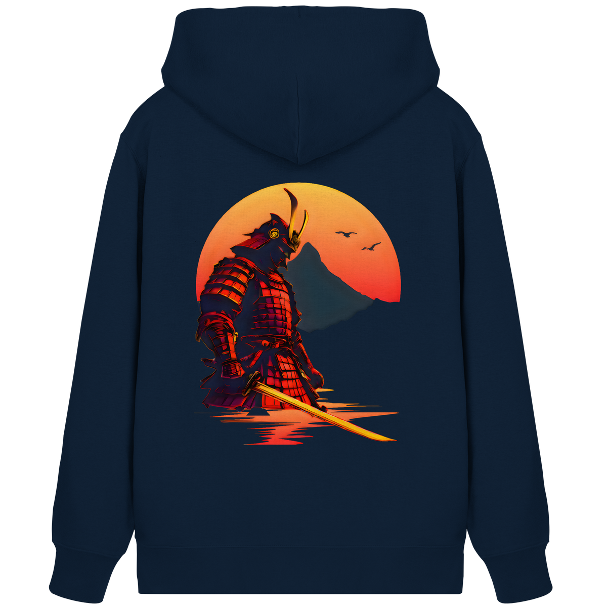 Anime Zip-Hoodie Krieger Senshi in French Navy, Rückenansicht mit Samurai vor untergehender Sonne