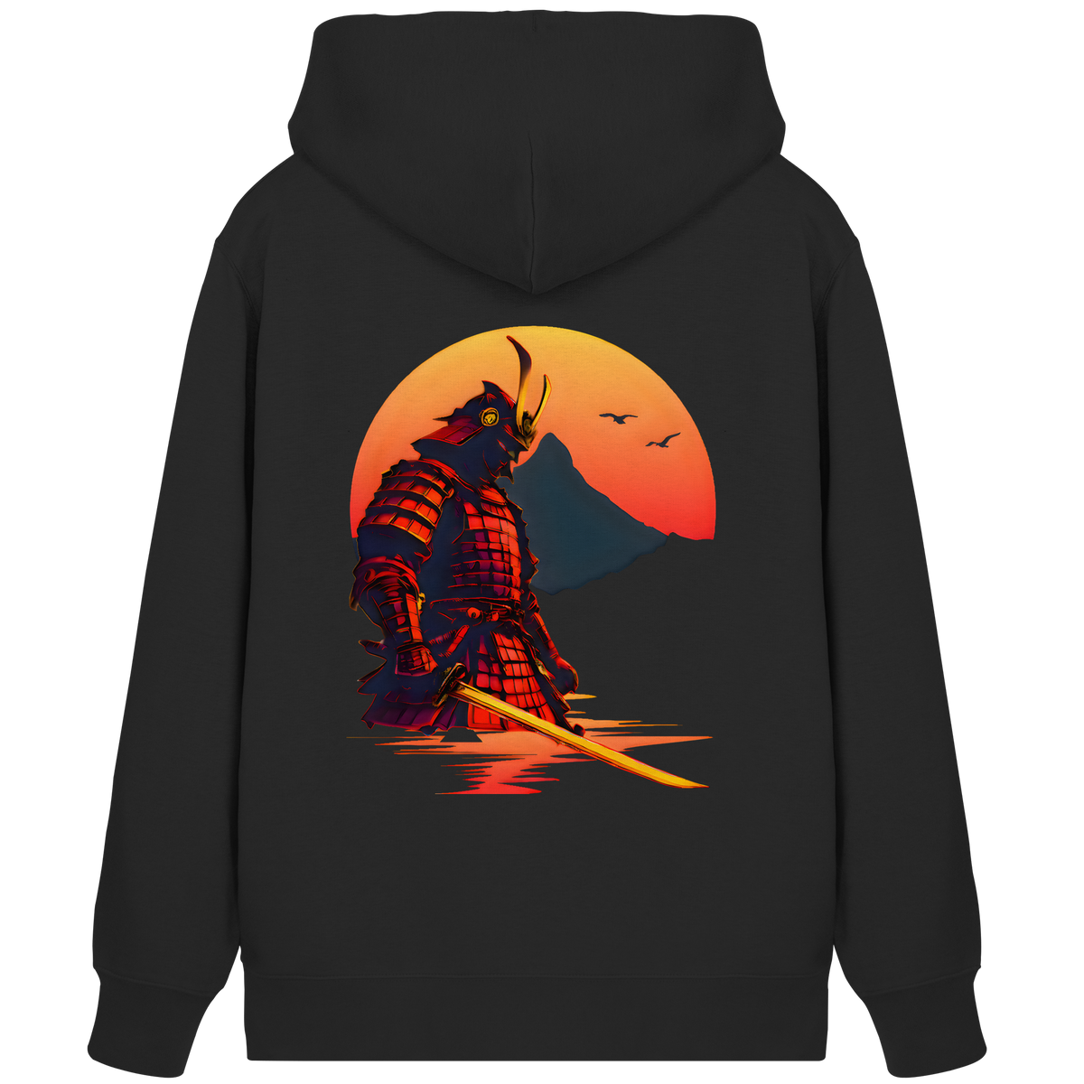 Anime Zip-Hoodie Krieger Senshi in Schwarz, Rückenansicht mit Samurai vor untergehender Sonne