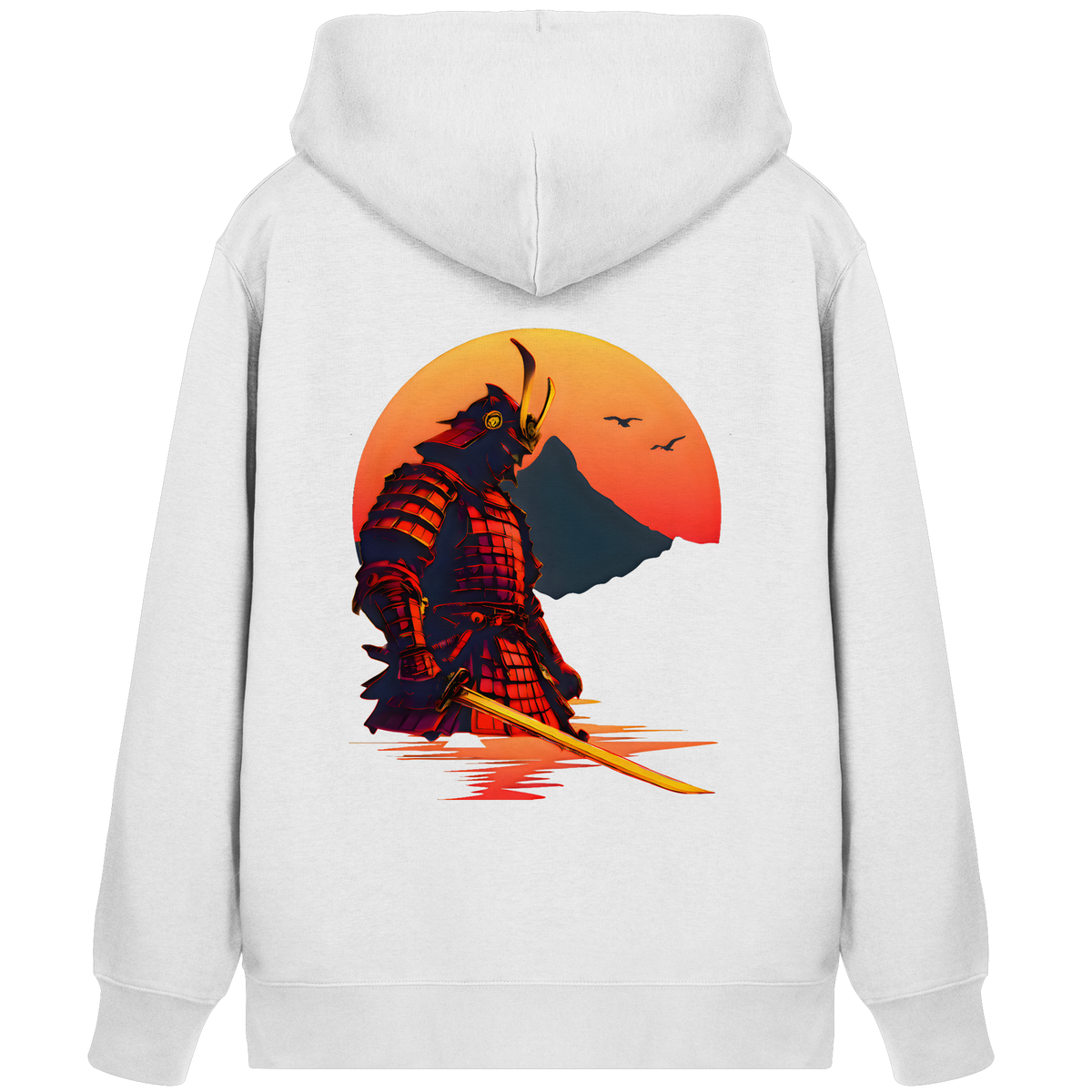 Anime Zip-Hoodie Krieger Senshi in Weiß, Rückenansicht mit Samurai vor untergehender Sonne