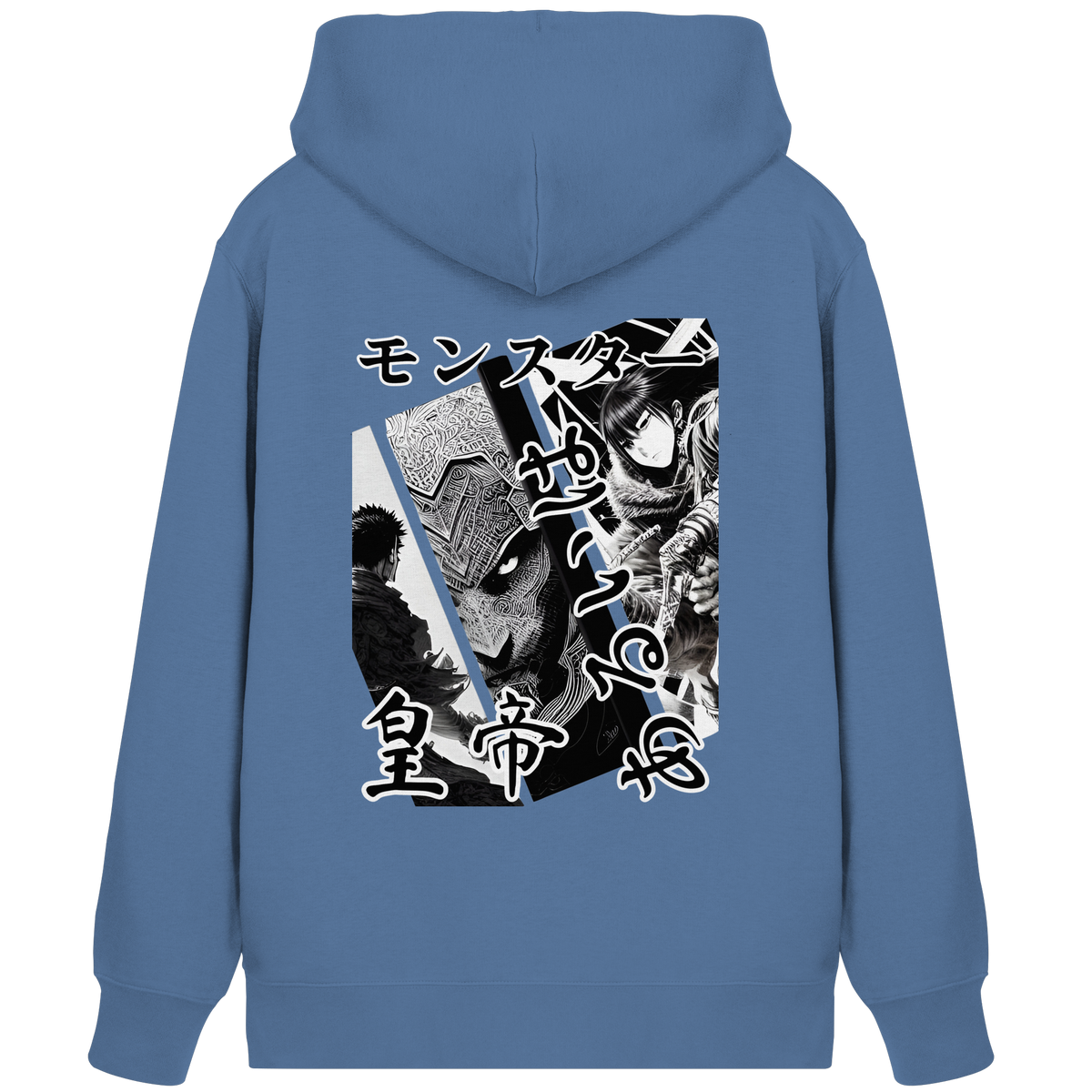 Anime Zip-Hoodie Manga Collage Tenno in Blau, Rückenansicht mit Manga-Collage in Schwarz-Weiß