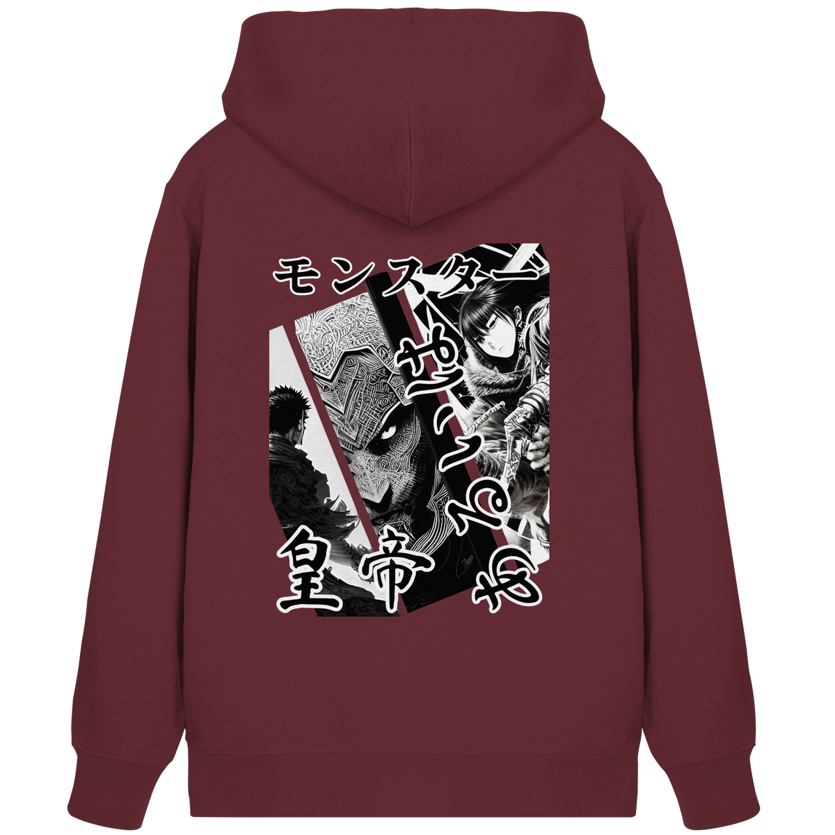 Anime Zip-Hoodie Manga Collage Tenno in Burgund, Rückenansicht mit Manga-Collage in Schwarz-Weiß
