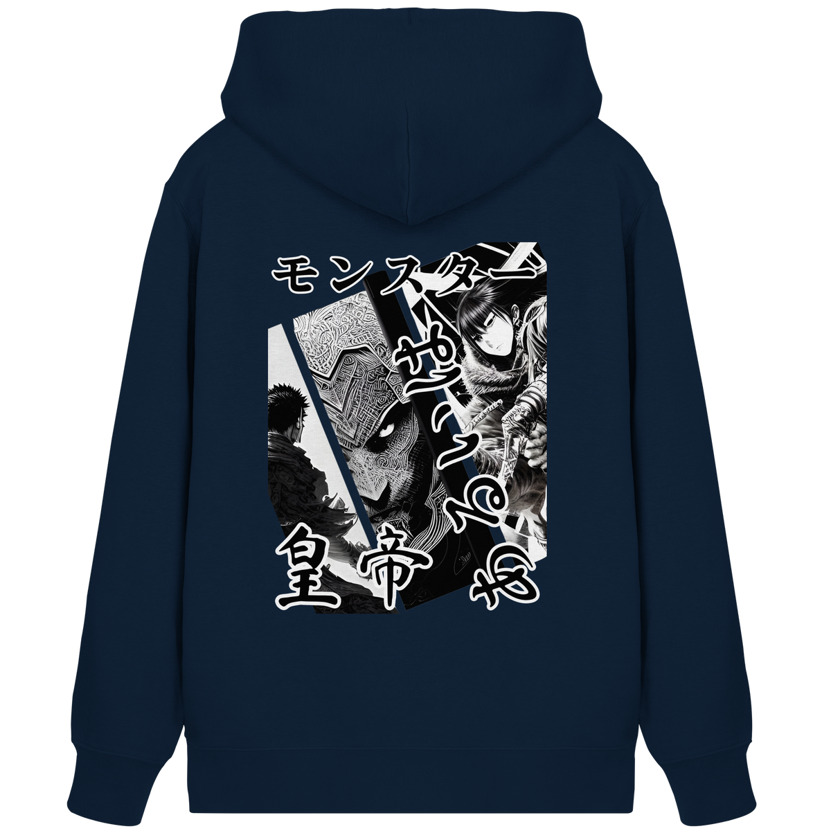 Anime Zip-Hoodie Manga Collage Tenno in French Navy, Rückenansicht mit Manga-Collage in Schwarz-Weiß