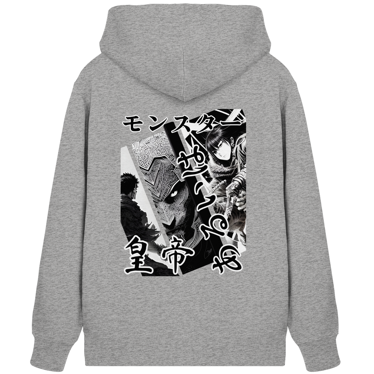 Anime Zip-Hoodie Manga Collage Tenno in Heather Grey, Rückenansicht mit Manga-Collage in Schwarz-Weiß