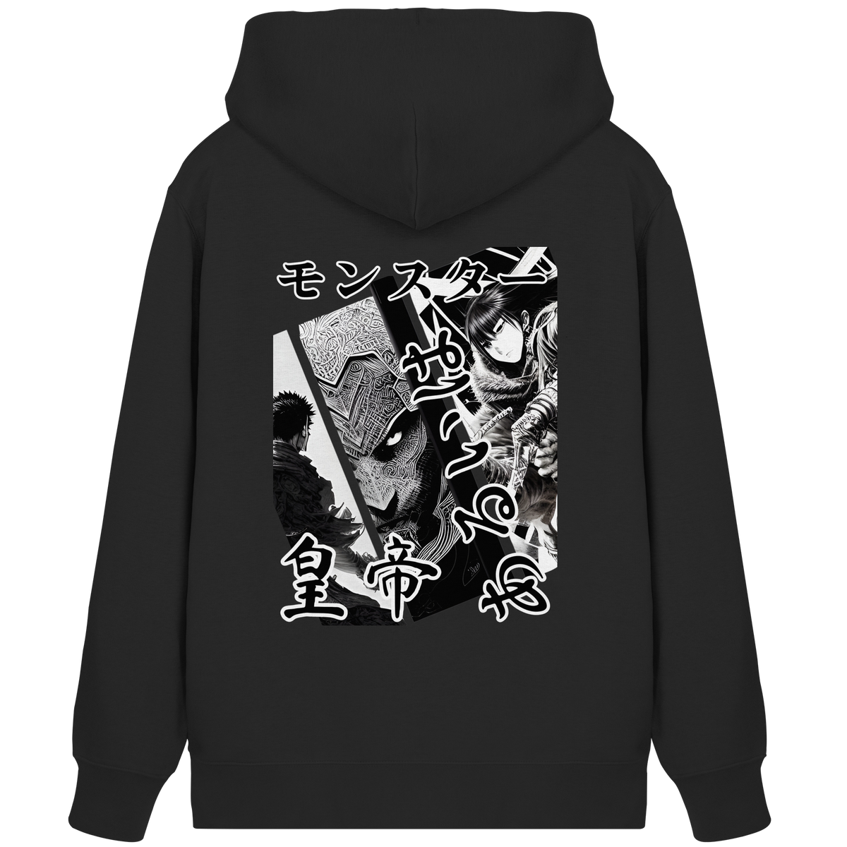 Anime Zip-Hoodie Manga Collage Tenno in Schwarz, Rückenansicht mit Manga-Collage in Schwarz-Weiß