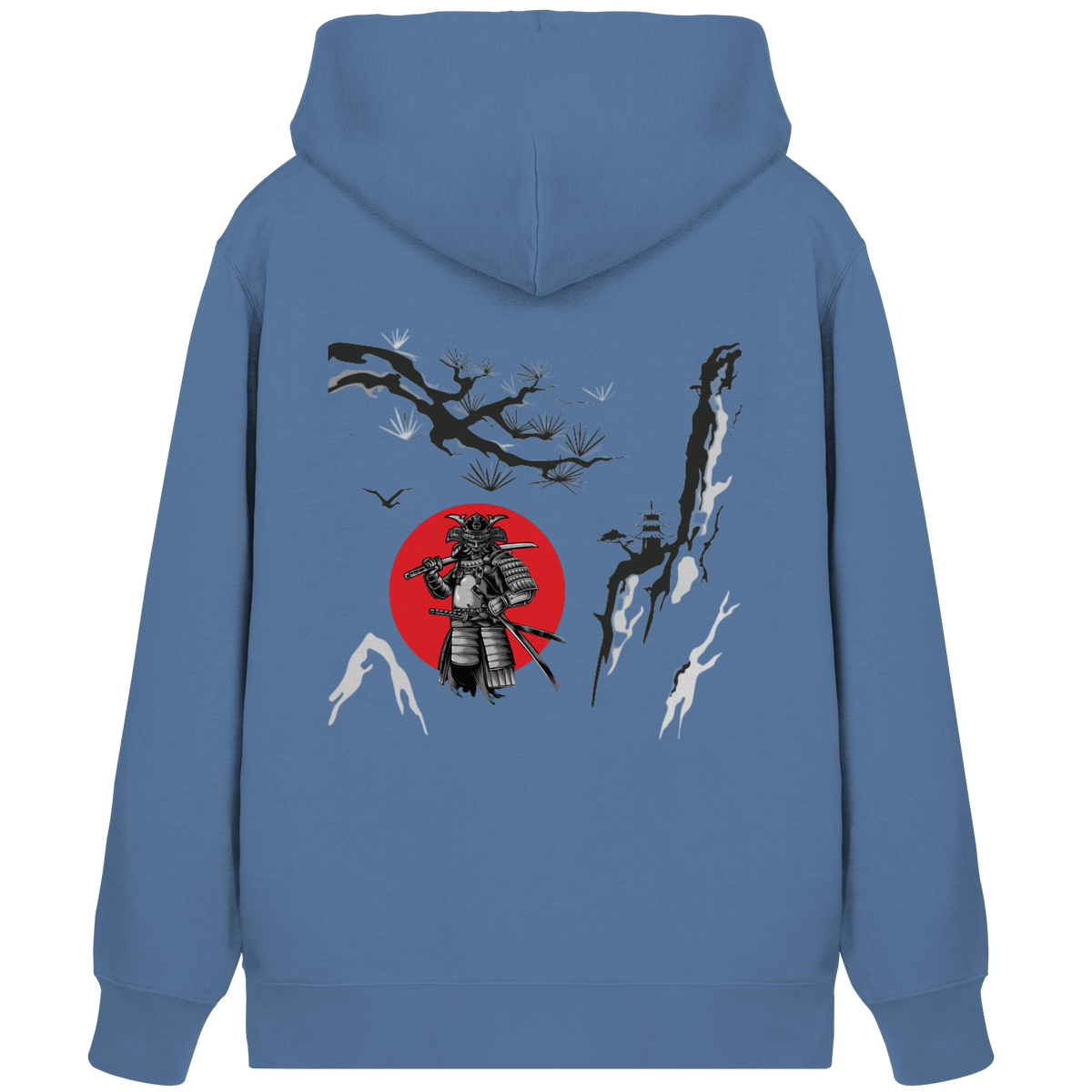 Anime Zip-Hoodie Samurai in Blau, Rückenansicht mit japanischem Samurai-Motiv