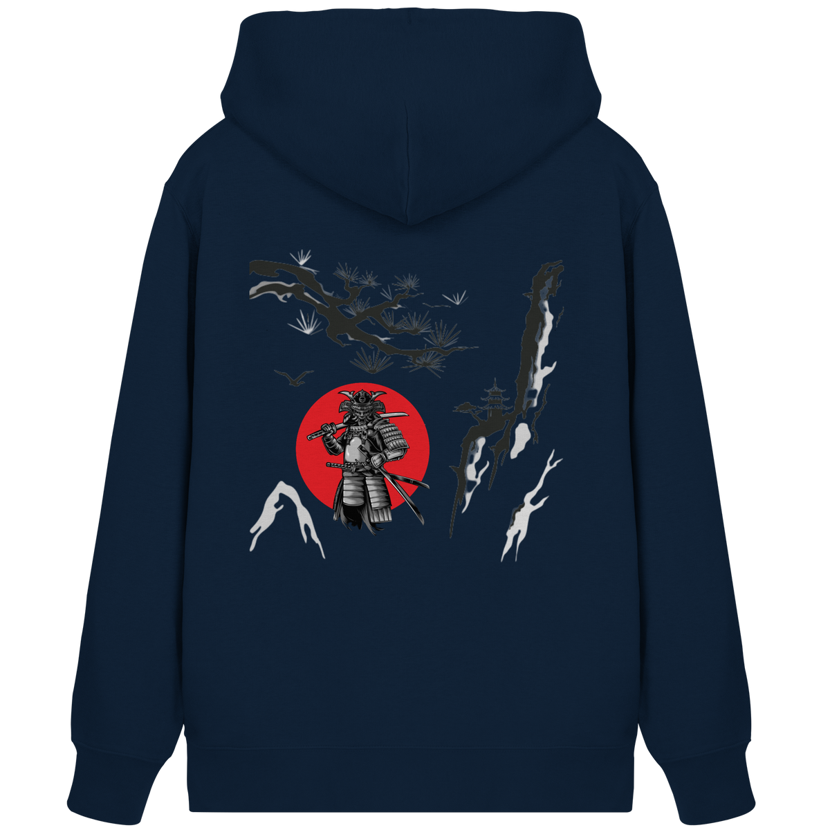 Anime Zip-Hoodie Samurai in French Navy, Rückenansicht mit japanischem Samurai-Motiv