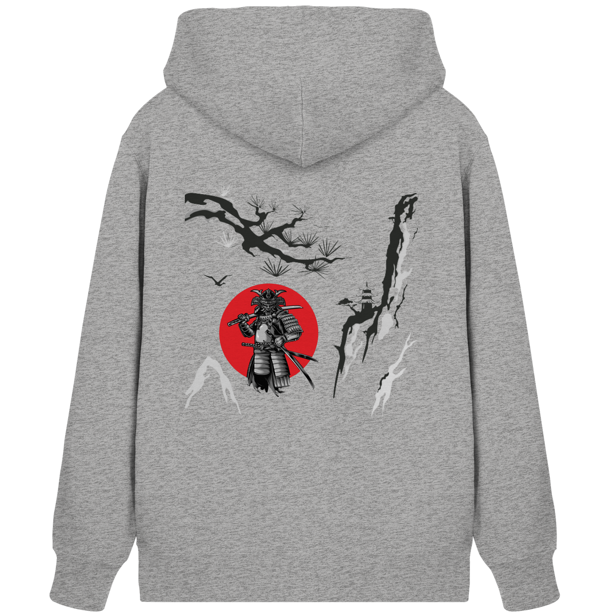 Anime Zip-Hoodie Samurai in Heather Grey, Rückenansicht mit japanischem Samurai-Motiv