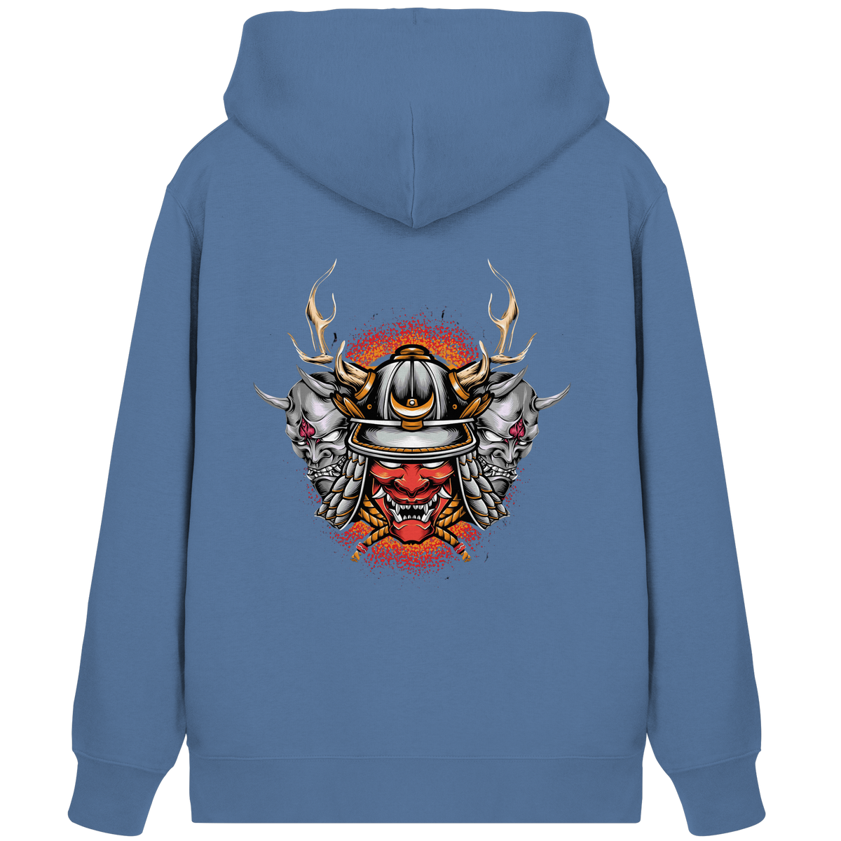 Anime Zip-Hoodie Samurai Maske Masuka in Blau, Rückenansicht mit Samurai-Masken-Motiv