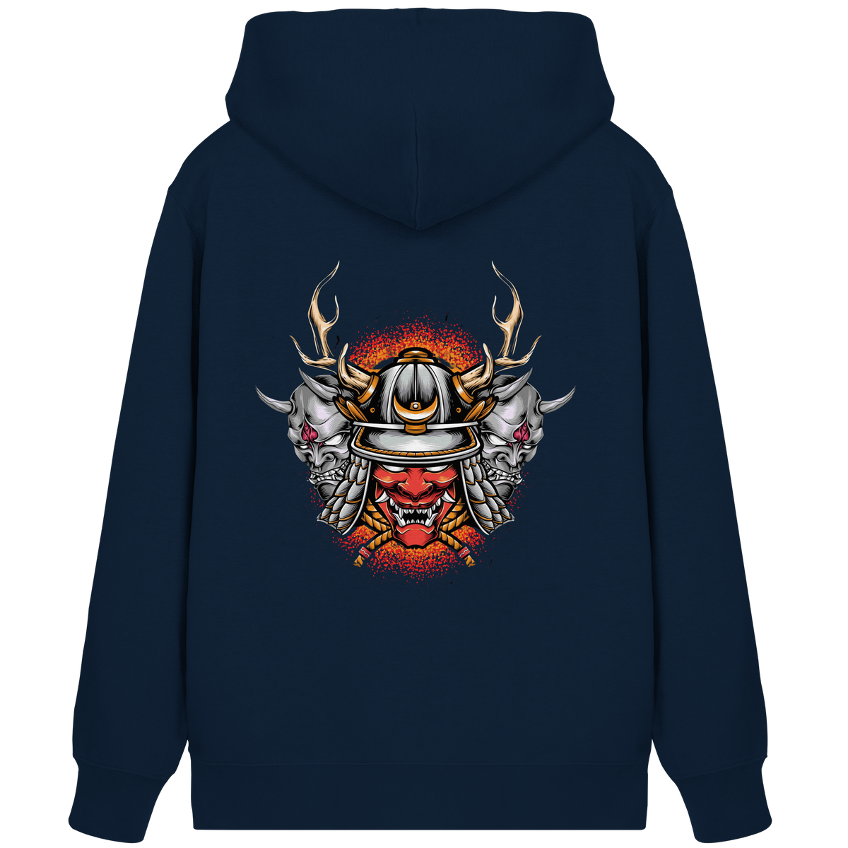 Anime Zip-Hoodie Samurai Maske Masuka in French Navy, Rückenansicht mit Samurai-Masken-Motiv