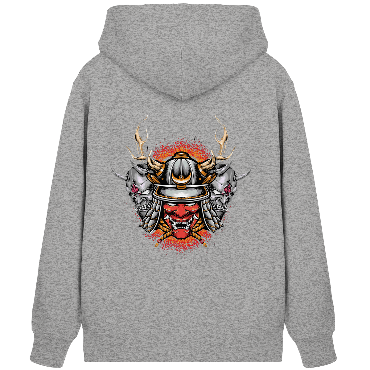 Anime Zip-Hoodie Samurai Maske Masuka in Heather Grey, Rückenansicht mit Samurai-Masken-Motiv