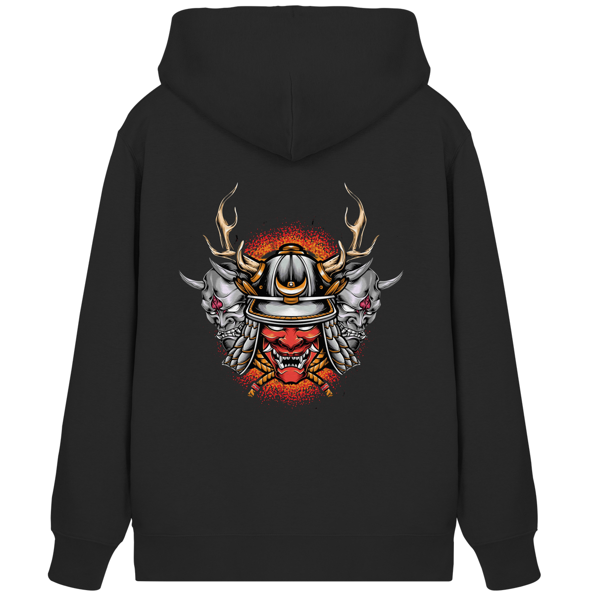 Anime Zip-Hoodie Samurai Maske Masuka in Schwarz, Rückenansicht mit Samurai-Masken-Motiv