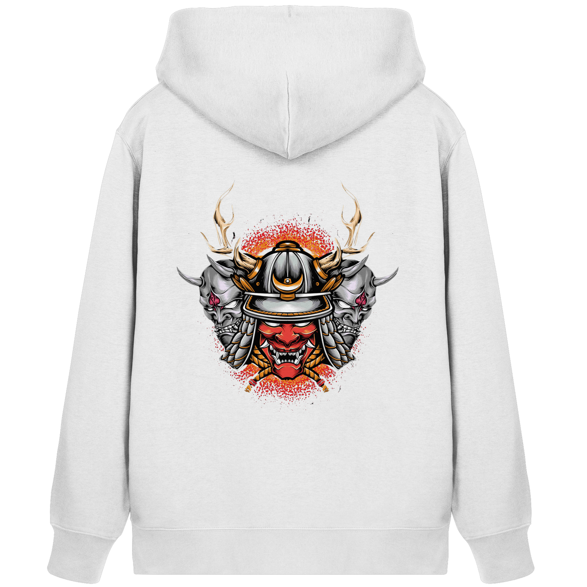 Anime Zip-Hoodie Samurai Maske Masuka in Weiß, Rückenansicht mit Samurai-Masken-Motiv