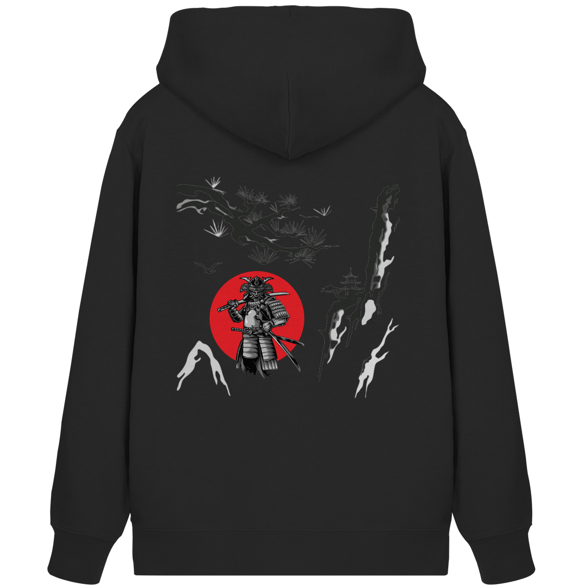 Anime Zip-Hoodie Samurai in Schwarz, Rückenansicht mit japanischem Samurai-Motiv