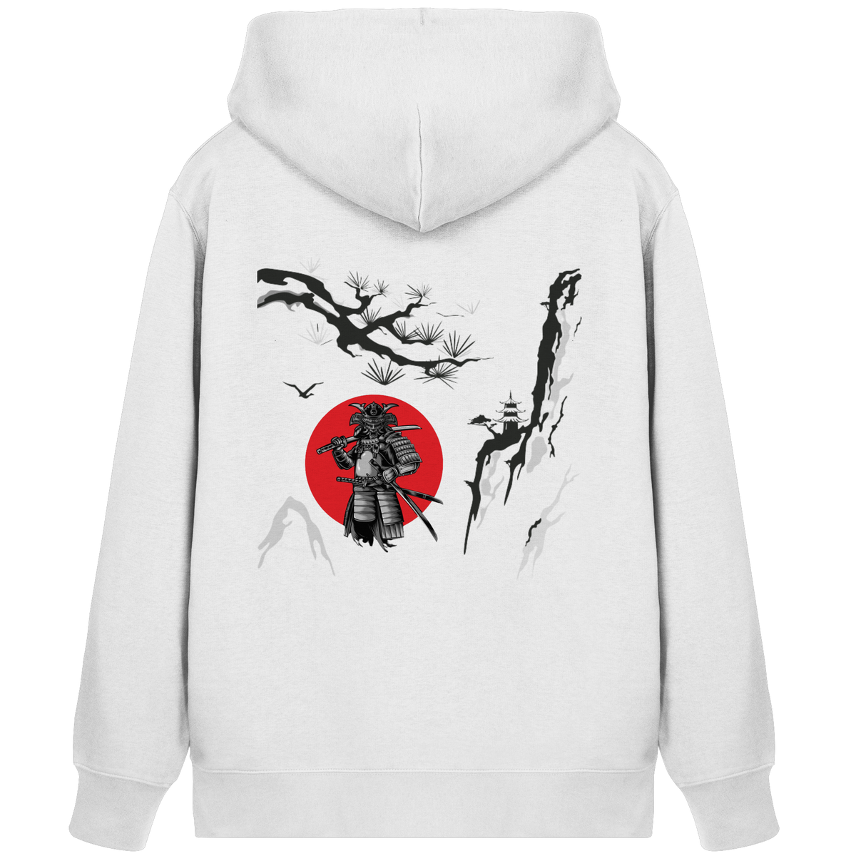Anime Zip-Hoodie Samurai in Weiß, Rückenansicht mit japanischem Samurai-Motiv