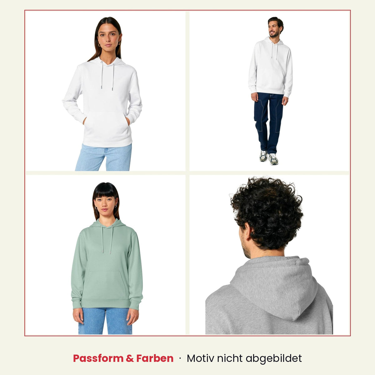 Passform-Beispiel Banpuku Organic Hoodie: unbedruckte Hoodies in Weiß, Grün und Grau an Models, zeigt Schnitt und Sitz