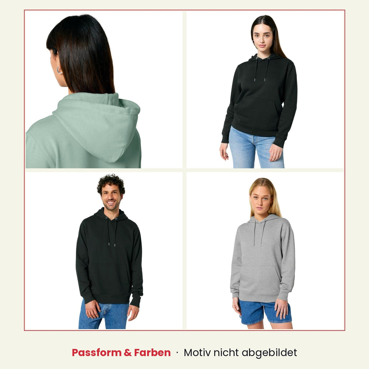 Passform-Beispiel Banpuku Organic Hoodie: unbedruckte Hoodies in Grün, Schwarz und Grau an Models, zeigt Schnitt und Sitz
