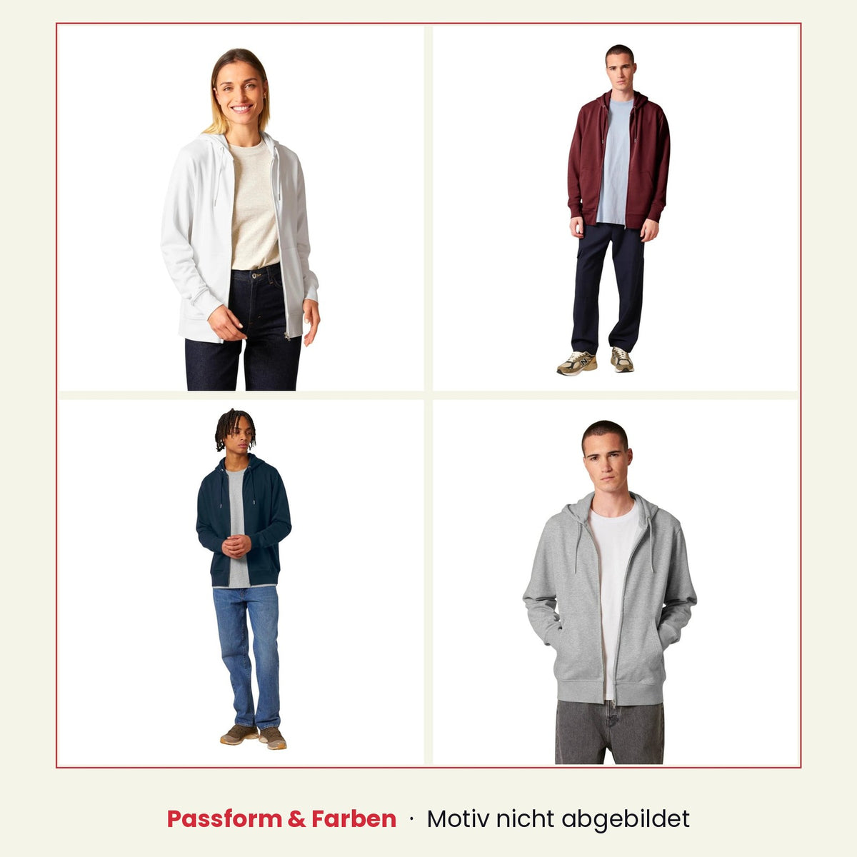 Passform-Beispiel Banpuku Organic Zip-Hoodie: unbedruckte Zip-Hoodies an Models, zeigt Schnitt, Sitz und Farbauswahl