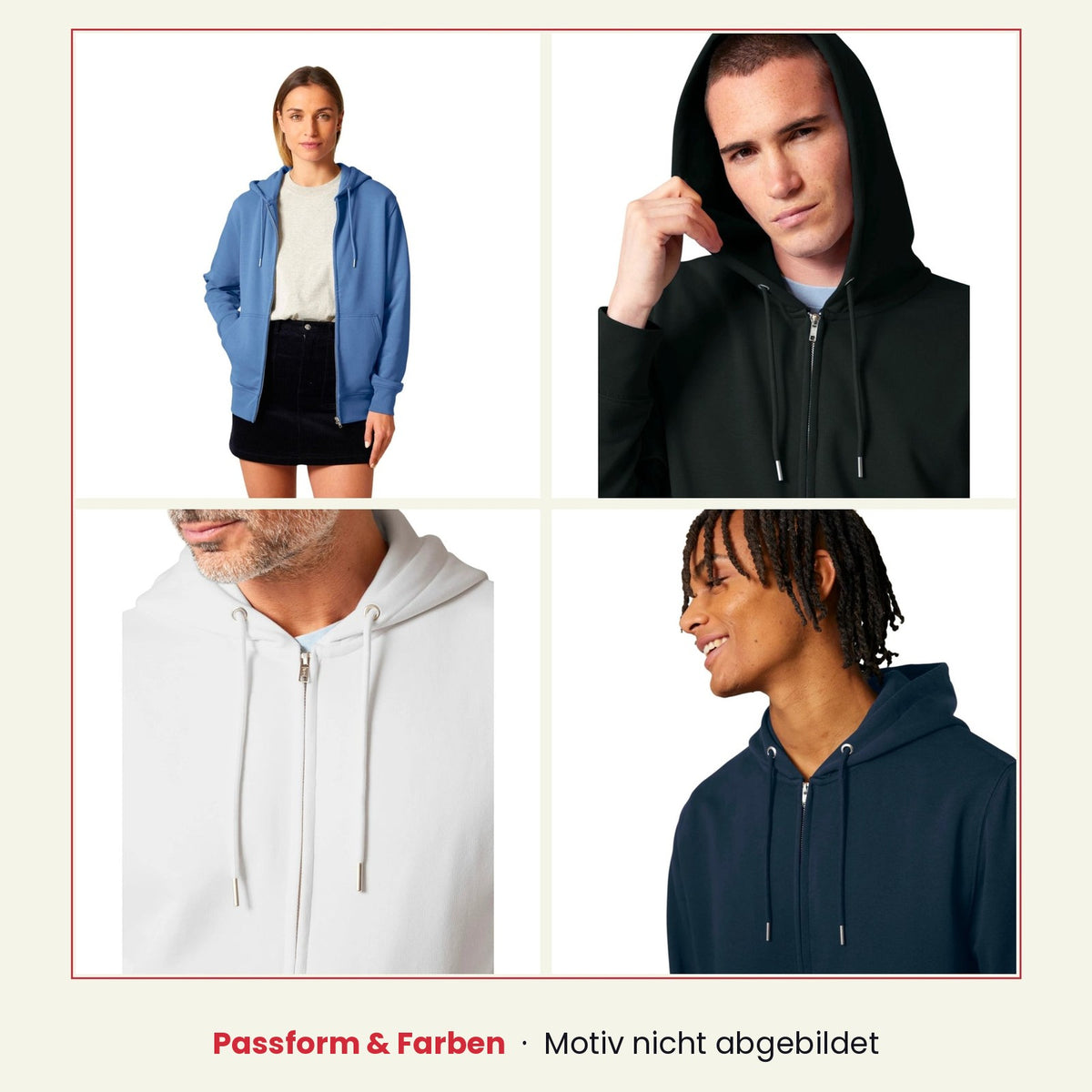 Passform-Beispiel Banpuku Organic Zip-Hoodie: unbedruckte Zip-Hoodies an Models, zeigt Schnitt, Sitz und Farbauswahl