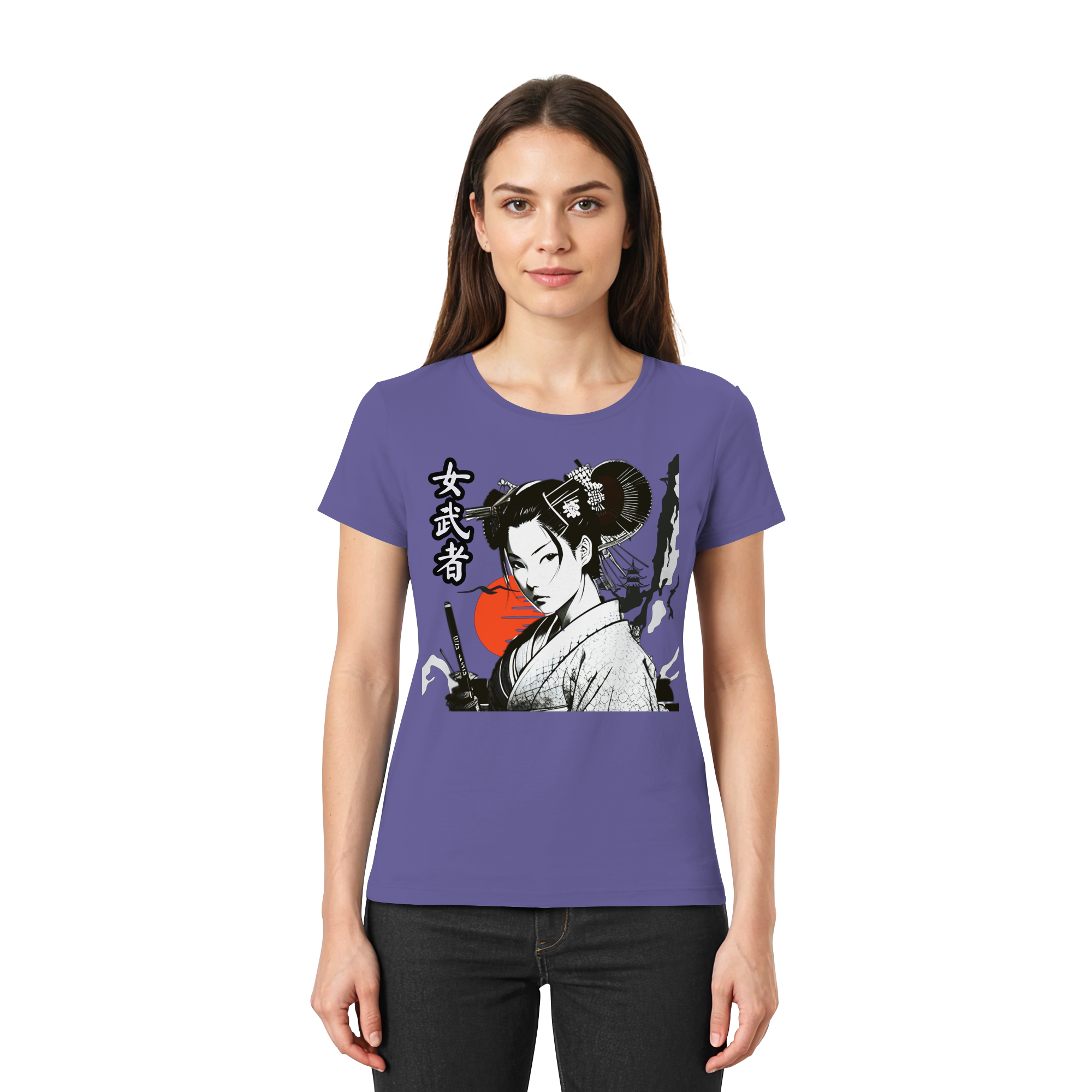 Banpuku Damen Premium Shirt Onna-Bugeisha, lilafarbenes Damen-Shirt mit stilvollem Design, Vorderansicht, hochwertige Verarbeitung
