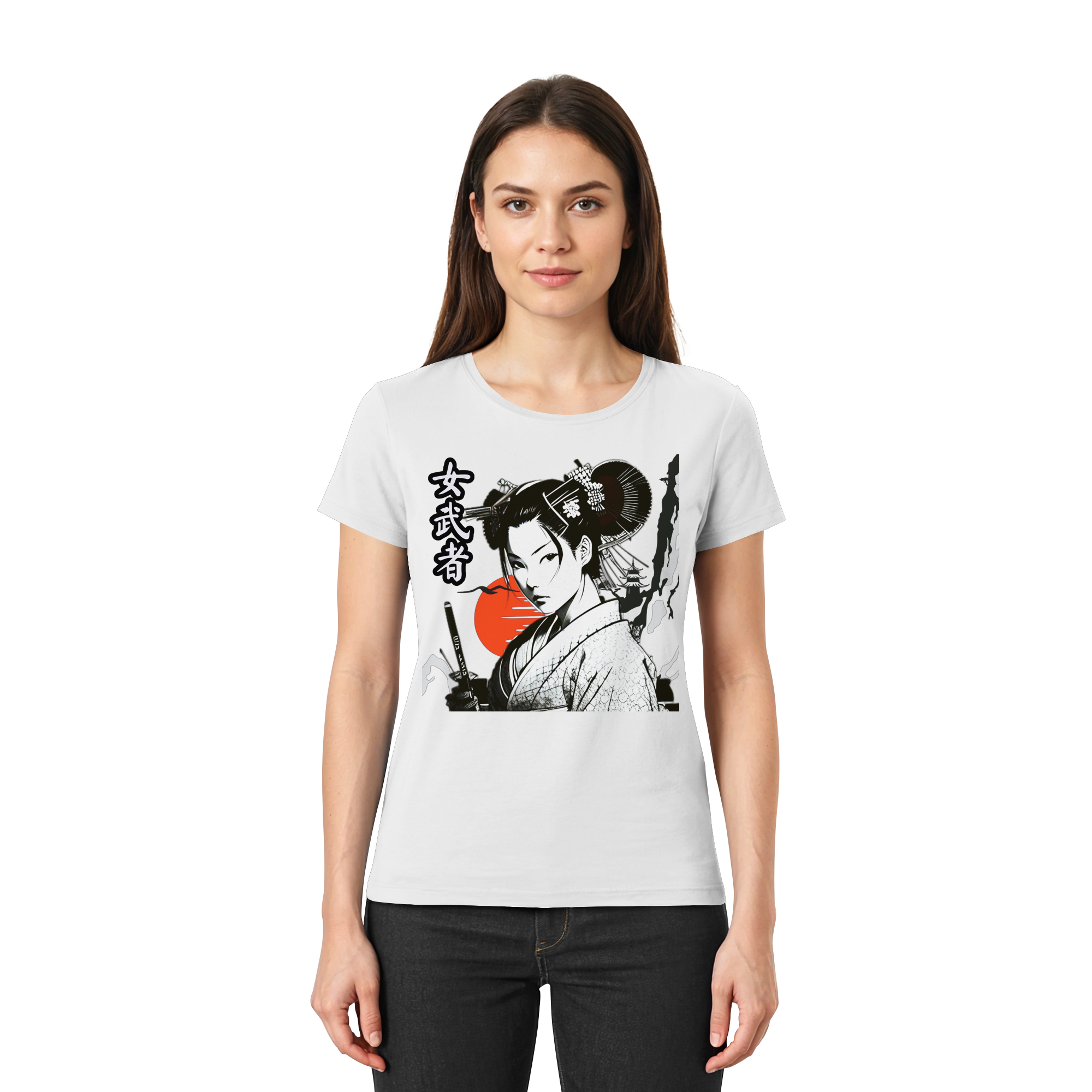 Weißes Damen-Shirt von Banpuku, Onna-Bugeisha Premium-T-Shirt, vorne zu sehen, bequemes Damenoberteil mit elegantem Design.