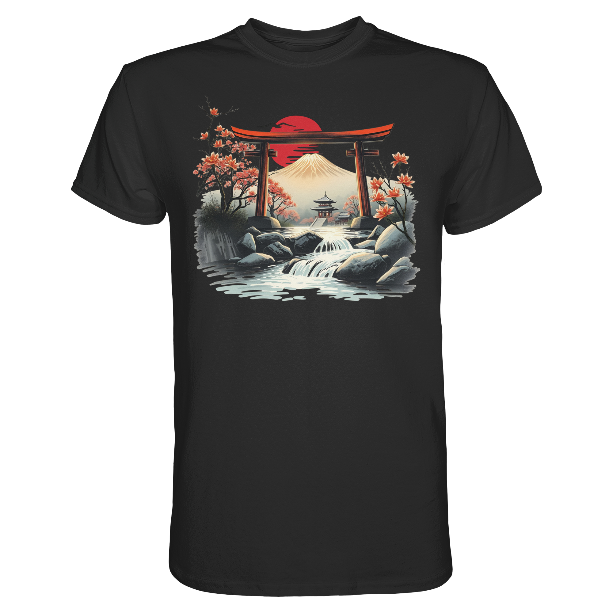 Schwarzes Unisex-T-Shirt von Banpuku, Torii Premium Shirt, Vorderansicht, weiches Material, modernes Design, komfortabel und stilvoll